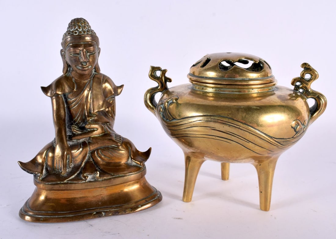 A 19TH CENTURY JAPANESE MEIJI PERIOD BRONZE CENSER AND COVER together with an Indian bronze buddha. (1 of 5)