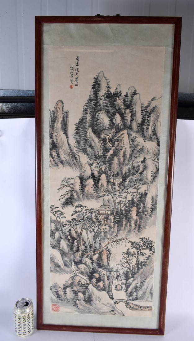 A LARGE CHINESE INK WORK LANDSCAPE WATERCOLOUR possibly Qing dynasty. 107 cm x 44 cm. (1 of 7)