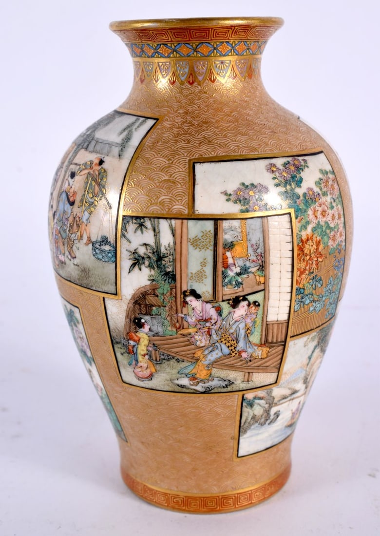 A 19TH CENTURY JAPANESE MEIJI PERIOD SATSUMA VASE painted with panels on a gilt ground. 11.25 cm x 7: A 19TH CENTURY JAPANESE MEIJI PERIOD SATSUMA VASE painted with panels on a gilt ground. 11.25 cm x 7.25 cm.
