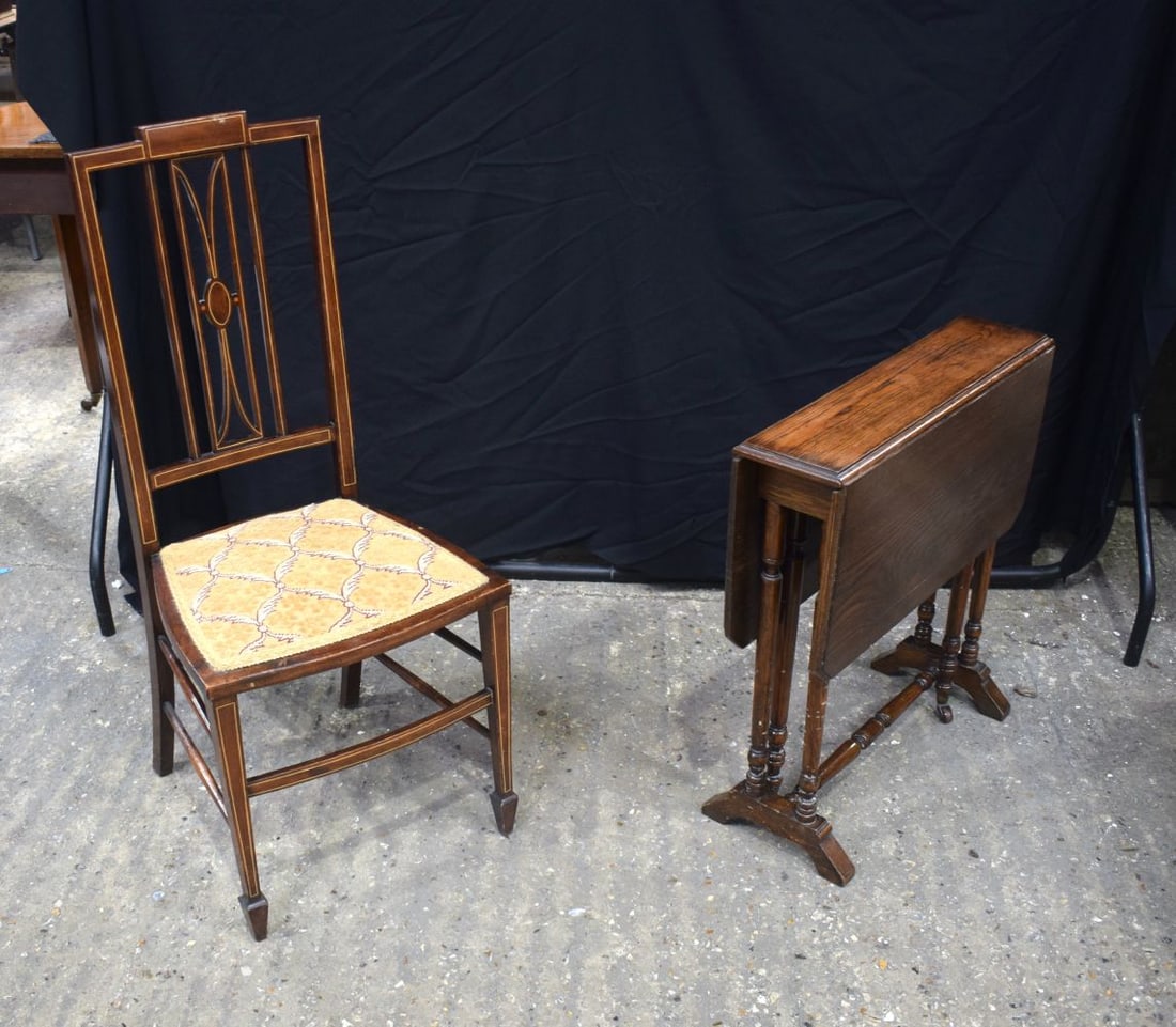 A small 19th Century Gateleg table together with an upholstered Edwardian hall chair 64 x 74 x 61 cm (1 of 7)