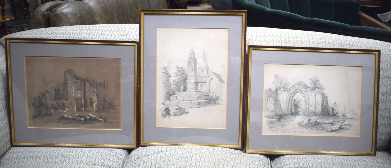 A collection of frames Charcoal drawings of historical ruins 37 x 26 cm (3).: A collection of frames Charcoal drawings of historical ruins 37 x 26 cm (3).