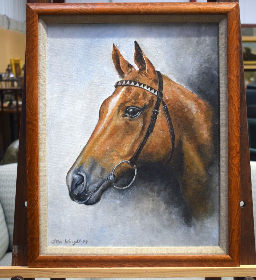 A framed oil on canvas of a horse signed John Wright 45 x 34 cm.: A framed oil on canvas of a horse signed John Wright 45 x 34 cm.