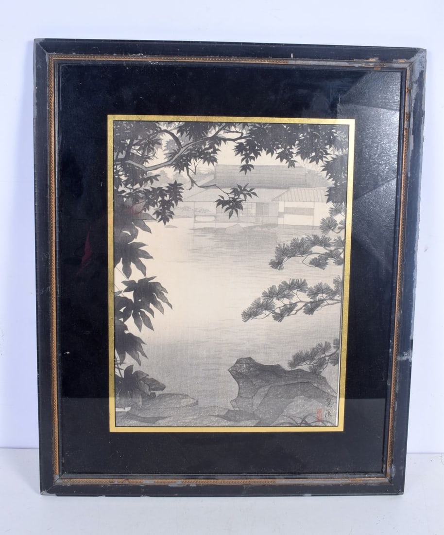 A framed Japanese woodblock print 33 x 24  cm. (1 of 5)