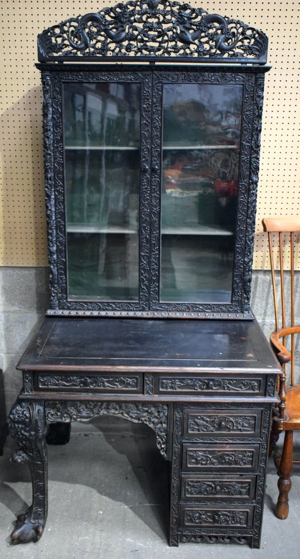 AN UNUSUAL 19TH CENTURY CHINESE CARVED HARDWOOD DISPLAY CASE ON DESK exceptionally carved with drago (1 of 5)