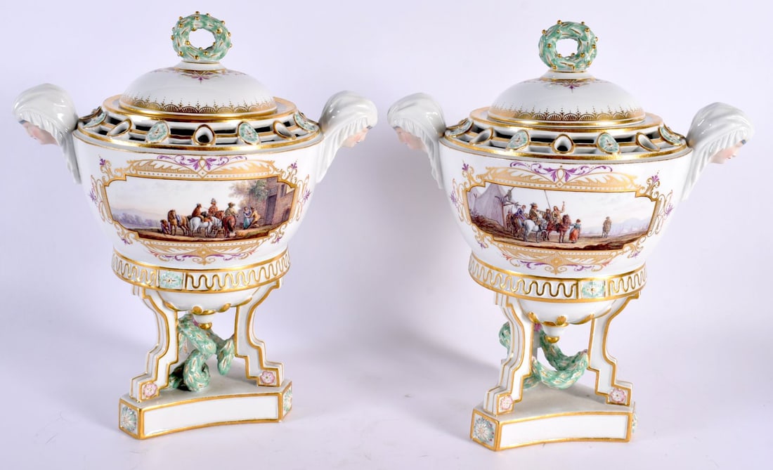 A FINE PAIR OF 19TH ENTURY MEISSEN POT-POURRI VASES AND COVERS with blue crossed swords marks, incis (1 of 8)