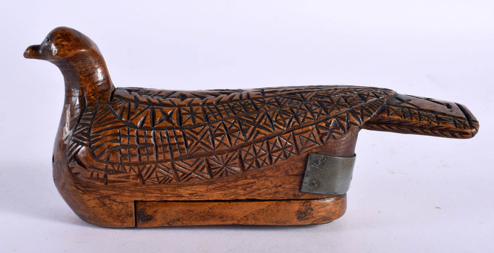 AN 18TH CENTURY FRENCH CARVED FRUITWOOD SNUFF BOX formed as a recumbent bird with engraved decoratio (1 of 4)