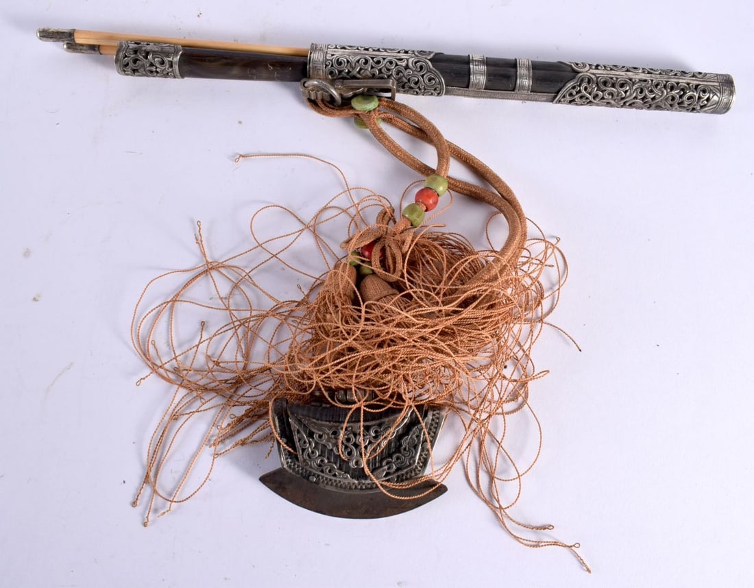 AN 18TH/19TH CHINESE TIBETAN SILVER MOUNTED CHOPSTICK HOLDER with attached silver mounted iron chopp (1 of 3)