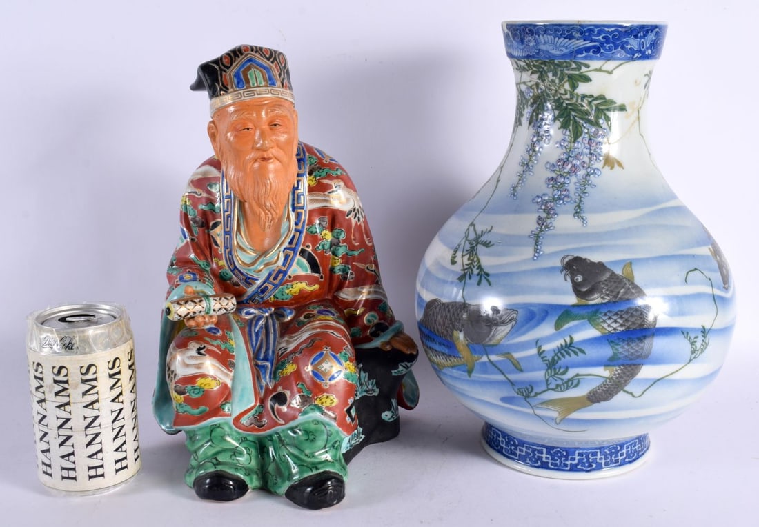A LARGE 19TH CENTURY JAPANESE MEIJI PERIOD AO KUTANI PORCELAIN FIGURE together with a Japanese porce (1 of 8)