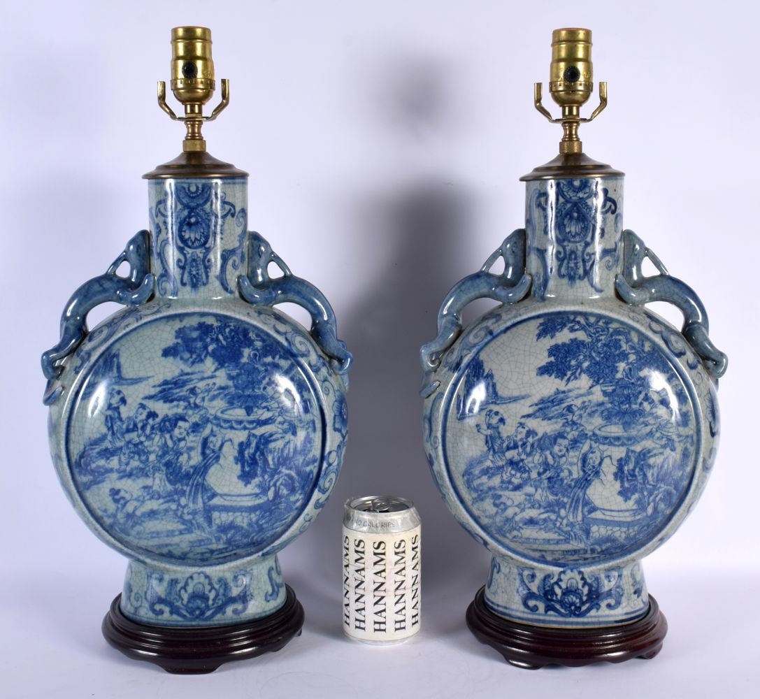 A PAIR OF CHINESE REPUBLICAN PERIOD BLUE AND WHITE COUNTRY HOUSE LAMPS. 50 cm x 22 cm.: A PAIR OF CHINESE REPUBLICAN PERIOD BLUE AND WHITE COUNTRY HOUSE LAMPS. 50 cm x 22 cm.