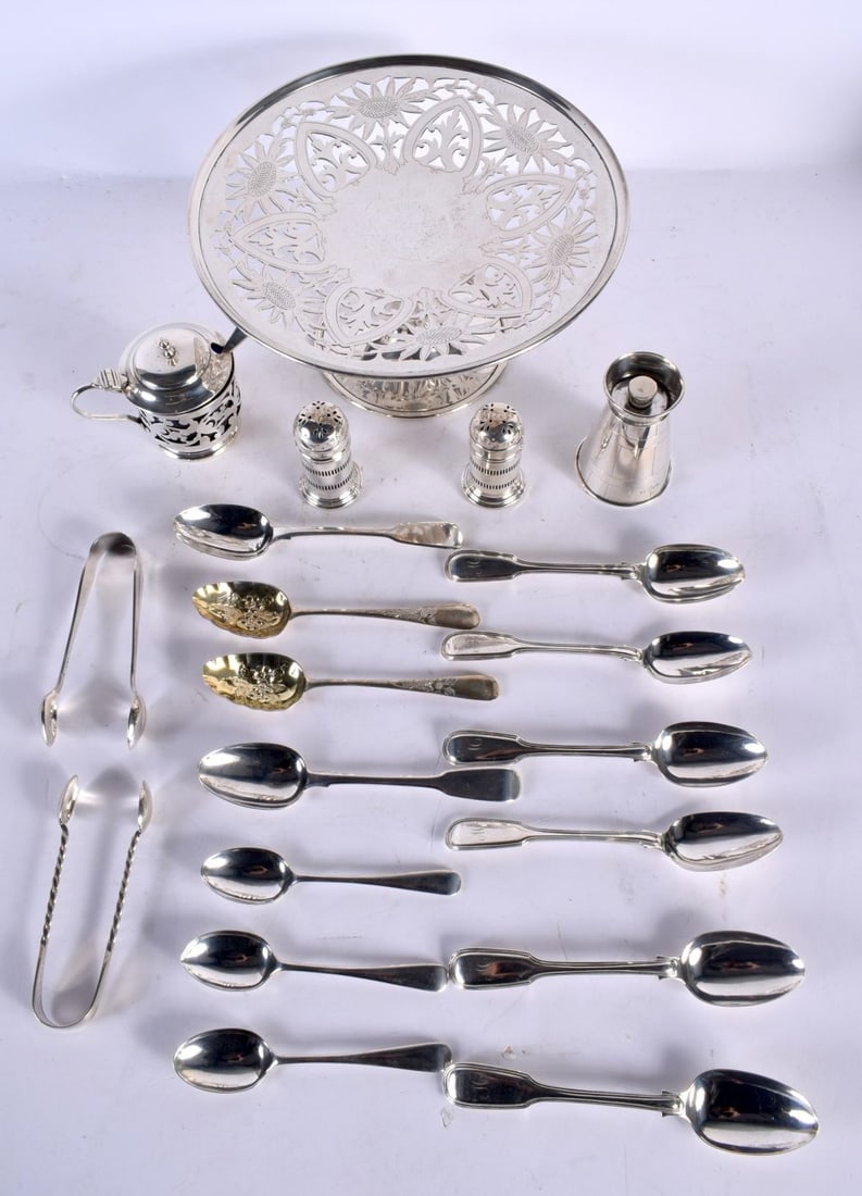 ASSORTED SILVER WARE including a pedestal dish, cruet etc. Weighable silver 685 grams, silver with l (1 of 3)