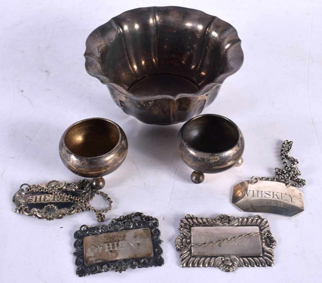 ASSORTED ANTIQUE SILVER WARE including decanter labels etc. 240 grams. Largest 12 cm wide. (qty) (1 of 2)