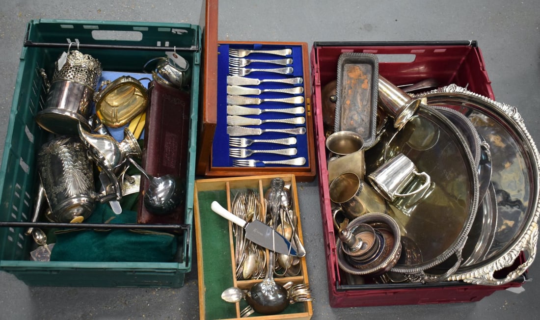 A HUGE QUANTITY OF SILVER PLATED WARES including salvers etc. (qty) (1 of 5)