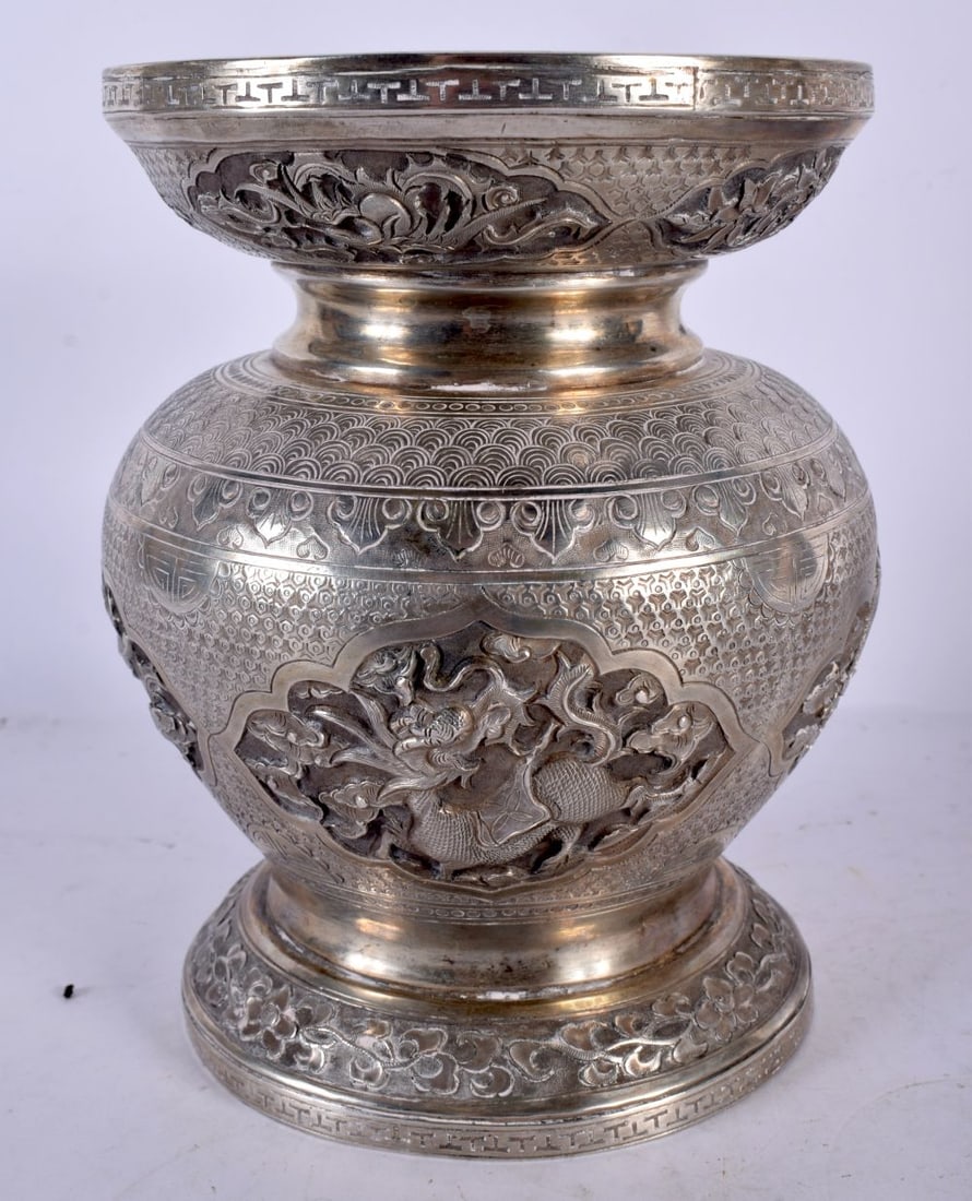 AN UNUSUAL 19TH CENTURY CHINESE EXPORT SILVER SPITTOON TYPE VESSEL Qing, decorated with Buddhistic f (1 of 6)
