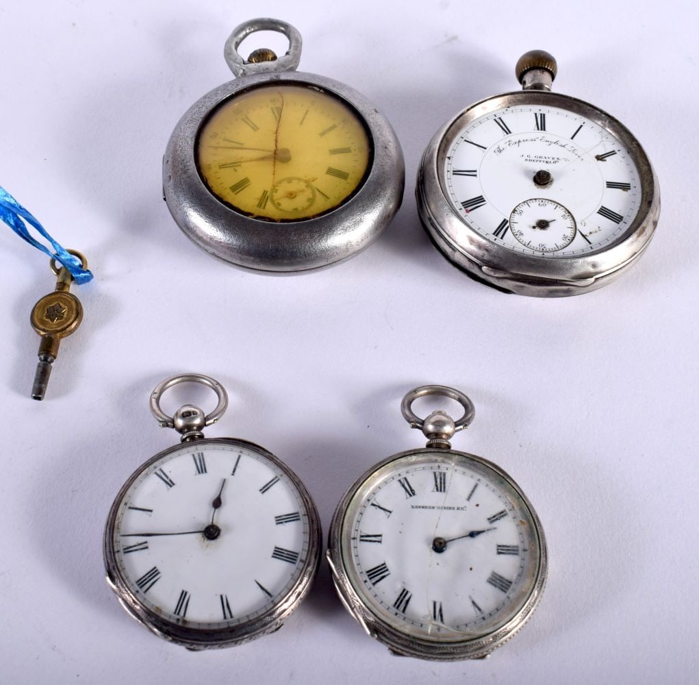 Four Antique Silver Pocket Watches.  Marks include 800 and Birmingham 1881.  Largest 5cm diameter, t (1 of 5)