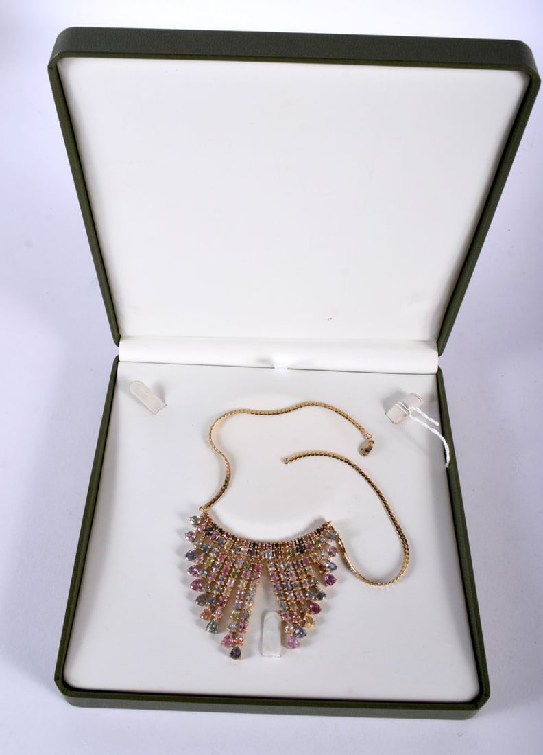 A Cased 9CT Gold and Gem Set Necklace.  Stamped 9K, Length 39cm, weight 36g (1 of 4)