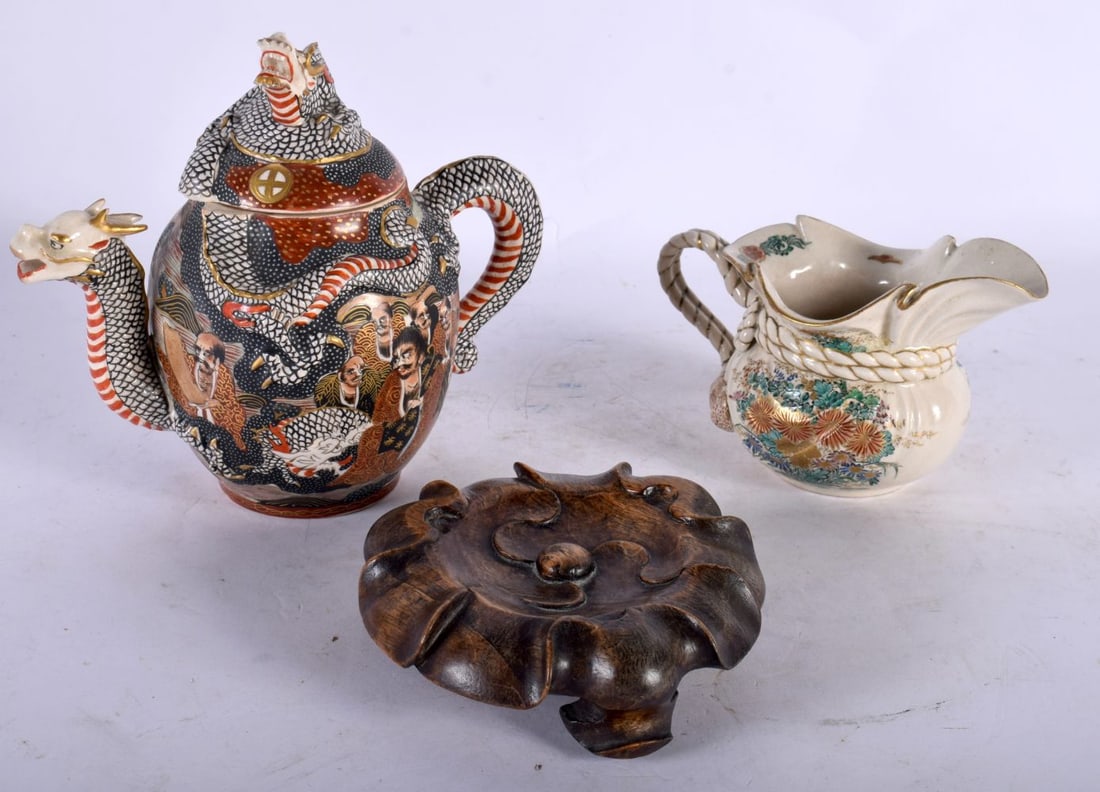 TWO PIECES OF 19TH CENTURY JAPANESE MEIJI PERIOD SATSUMA WARE together with a Chinese carved wood ce: TWO PIECES OF 19TH CENTURY JAPANESE MEIJI PERIOD SATSUMA WARE together with a Chinese carved wood censer stand. Largest 16 cm wide. (3)