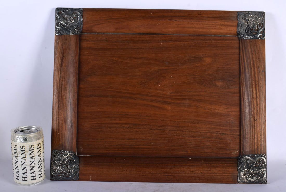 A LARGE 19TH CENTURY JAPANESE MEIJI PERIOD SILVER MOUNTED HARDWOOD TRAY overlaid with silver dragon (1 of 4)