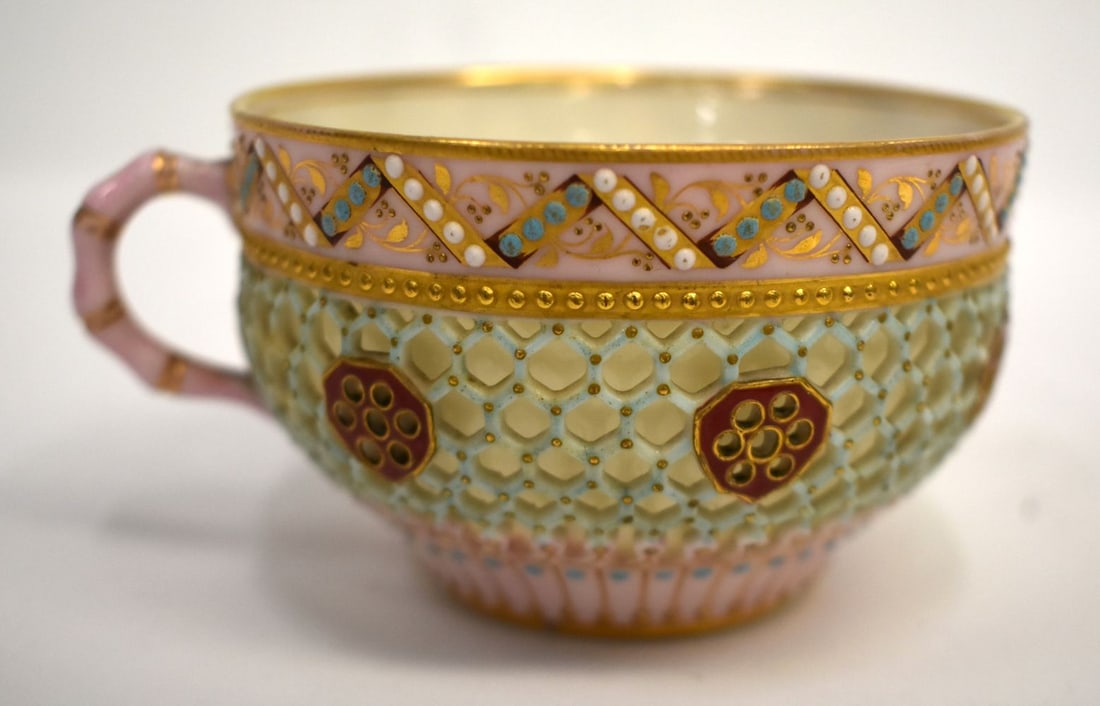 Late 19th century Royal Worcester double walled reticulated tea cup with jewelled rim and foot rim p (1 of 5)