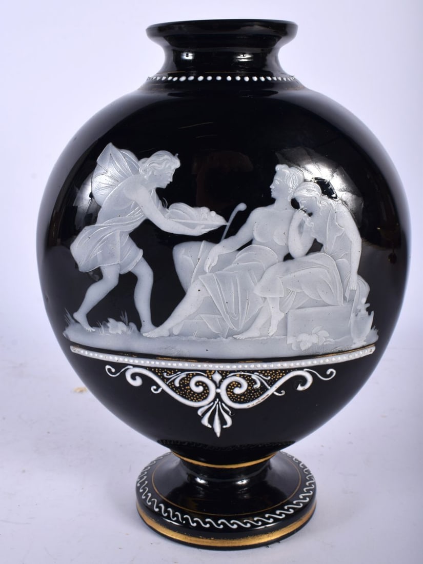 A VICTORIAN PATE SUR PATE ENAMELLED GLASS VASE painted with classical figures. 20 cm x 12 cm. (1 of 5)