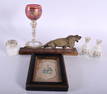 AN ANTIQUE MIDDLE EASTERN CARVED HORN LION together with enamel glass etc. Largest 18 cm high. (6)