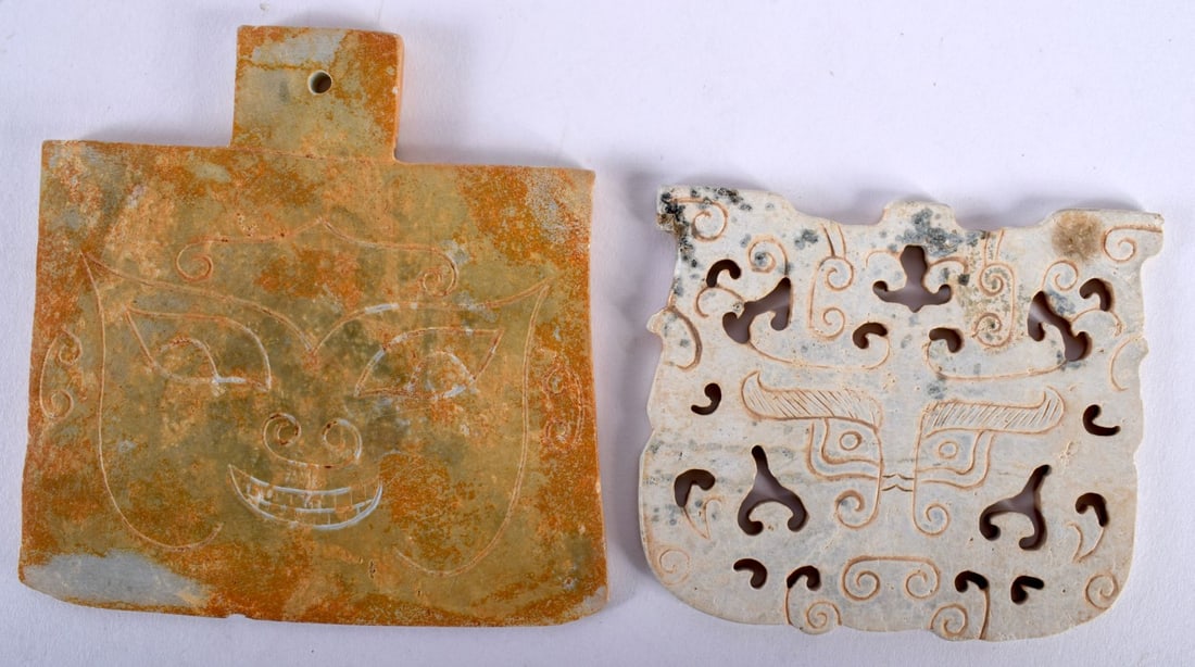 TWO CHINESE ARCHAIC JADE PLAQUES. 76 grams. Largest 8.25 cm x 8.25 cm. (2) (1 of 2)