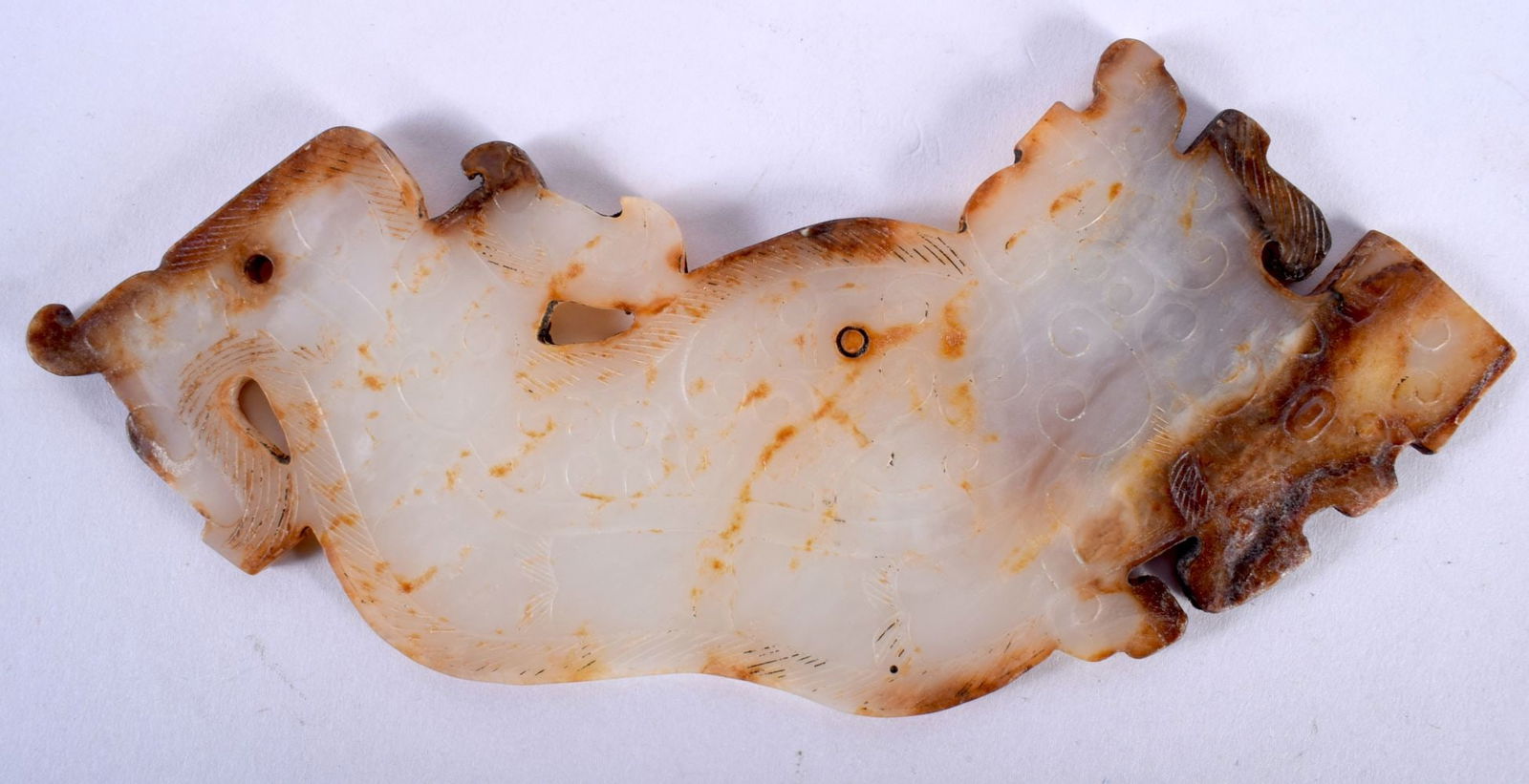 A VERY LARGE CHINESE ARCHAIC JADE DRAGON PLAQUE. 105 grams. 18 cm x 8 cm. (1 of 2)