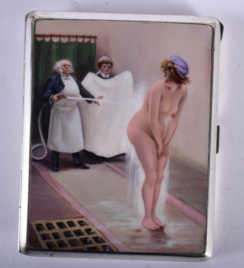 An Alpaca Cigarette Case with and Enamel Decoration on Lid of a Victorian Nude Female Being Washed.: An Alpaca Cigarette Case with and Enamel Decoration on Lid of a Victorian Nude Female Being Washed. ,Stamped Alpaca, 7.3cm x 9.2cm x 1.5cm, weight 157.8g