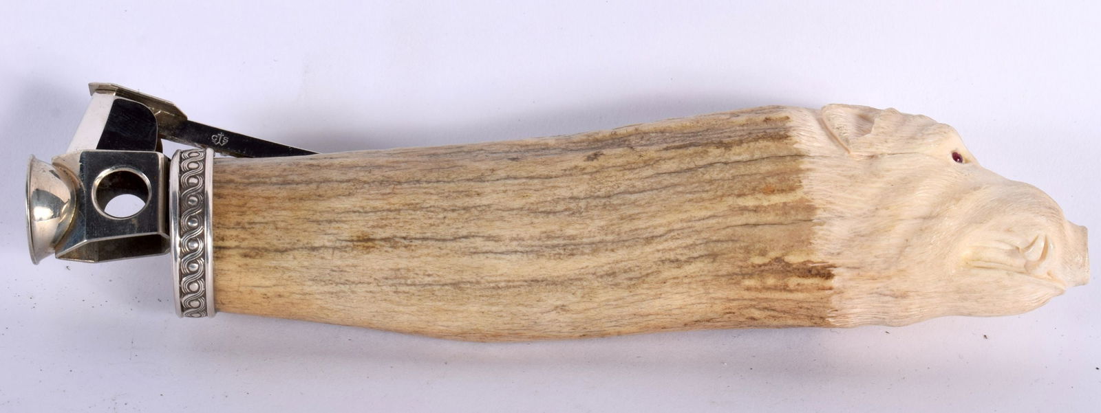 A Carved Bone Handled Cigar Cutter in the form of a Wild Boar. 18.5cm x 4 cm x 3.4cm: A Carved Bone Handled Cigar Cutter in the form of a Wild Boar. 18.5cm x 4 cm x 3.4cm