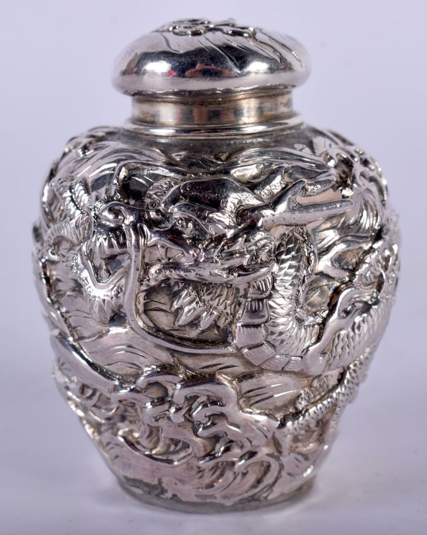A Heavily Embossed Chinese Silver Tea Caddy.  Chinese Marks.  5cm x 4cm, weight 34g (1 of 4)