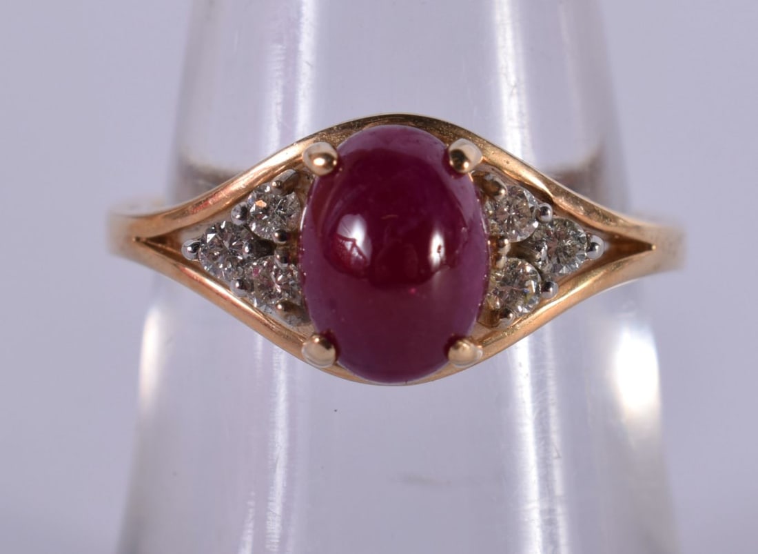 A 14ct Gold Diamond and Cabochon Ruby Ring.  Size N, weight 3.90g (1 of 4)