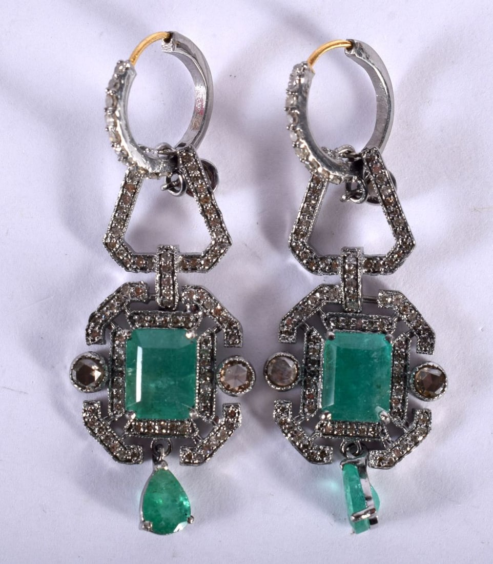 A Pair of Diamond and Emerald Earrings 4.6cm Drop, weight 9.75g (1 of 2)