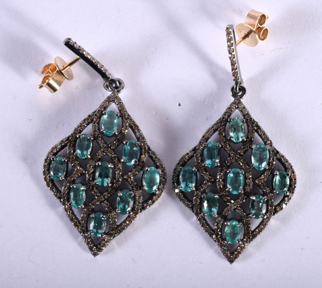 A Pair of Diamond and Emerald Earrings.  Drop 4.4cm, weight (1 of 2)