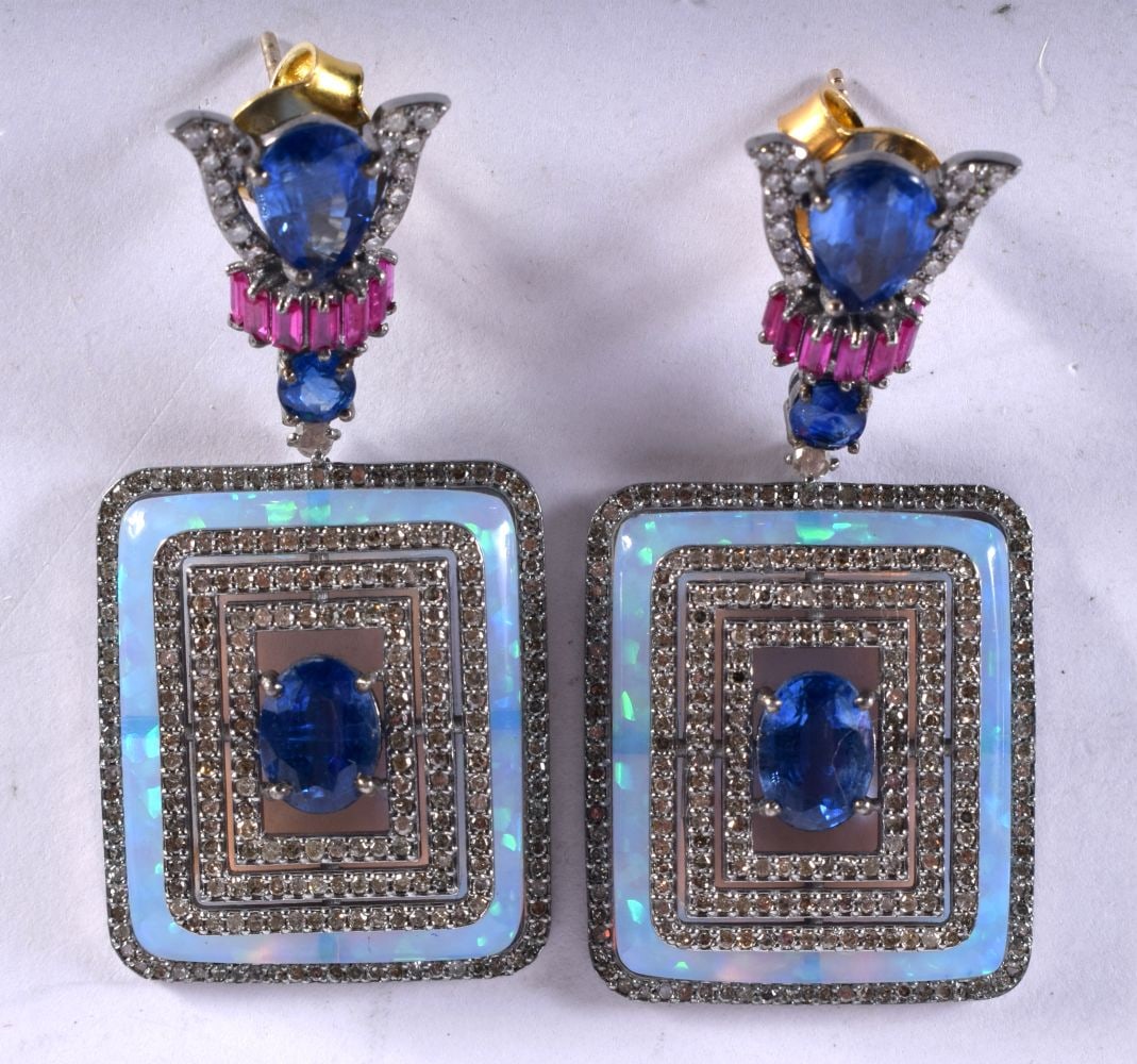 A Pair of Gold, Silver, Diamond, Sapphire, Opal and Ruby Earrings.  Drop 4.4cm, weight 16.29g (1 of 2)