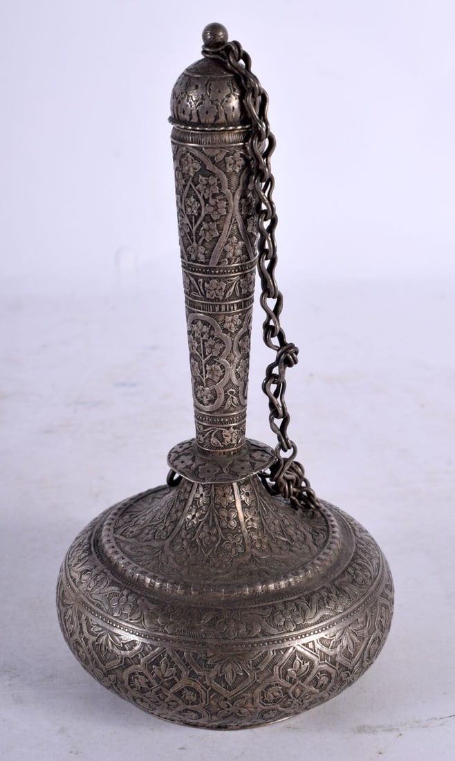 A 19TH CENTURY INDIAN PERSIAN SILVER ROSE WATER BOTTLE AND COVER decorative with foliage and vines. (1 of 4)