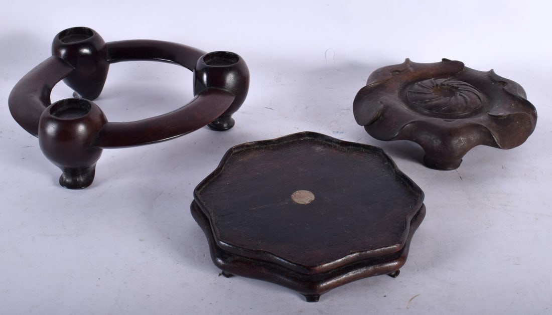 THREE 19TH CENTURY CHINESE CARVED HARDWOOD CENSER STANDS Qing. Largest 15 cm wide. (3) (1 of 2)
