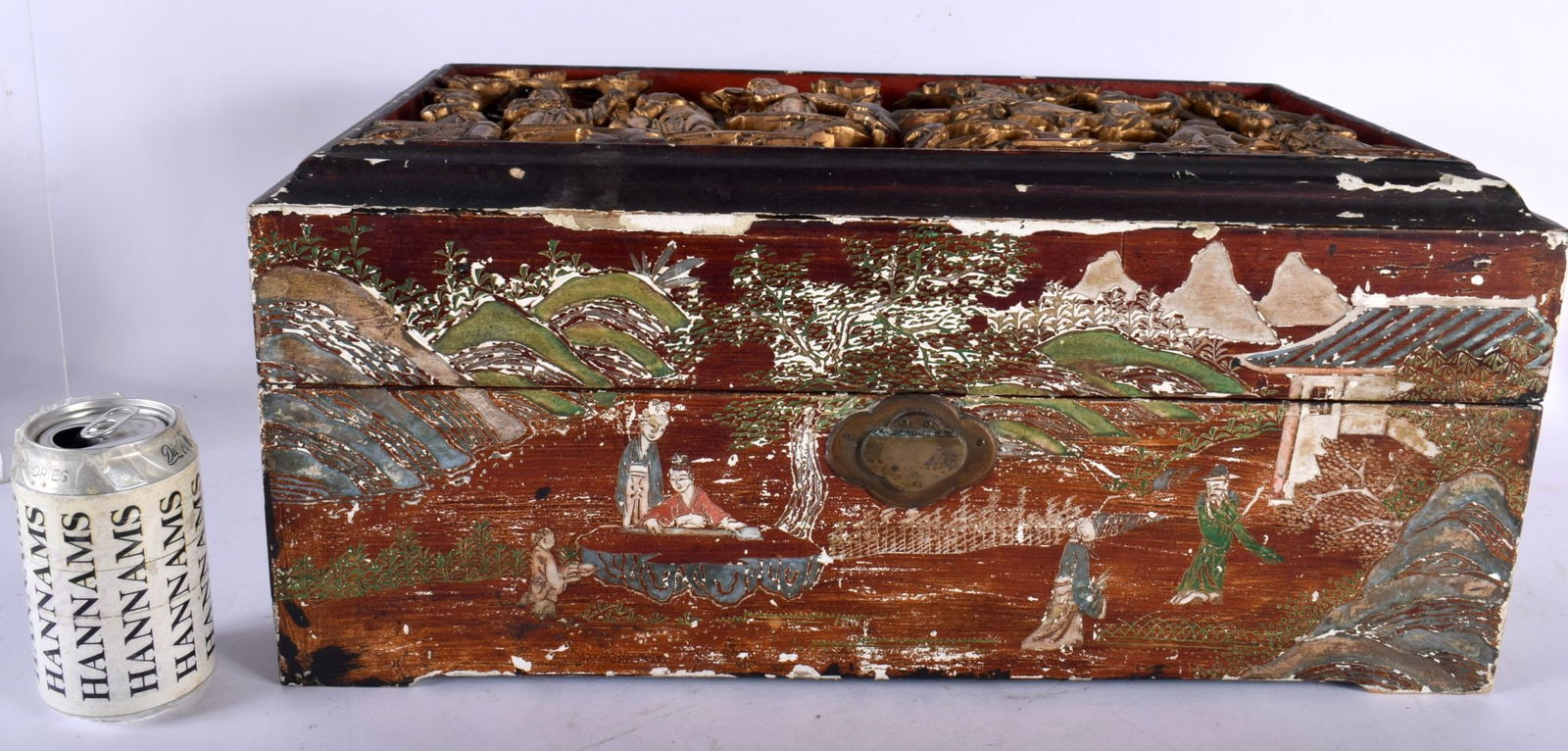 AN UNUSUAL 18TH/19TH CENTURY CHINESE COUNTRY HOUSE LACQUER BOX AND COVER Qing, inset with a giltwood (1 of 6)