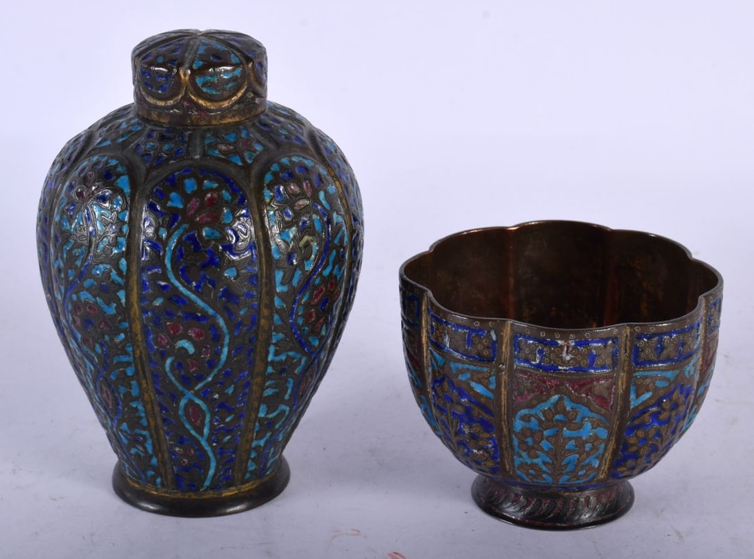 A 19TH CENTURY PERSIAN KASHMIR ENAMELLED COPPER LIDDED TEA CADDY with similar bowl. Largest 13 cm hi (1 of 4)