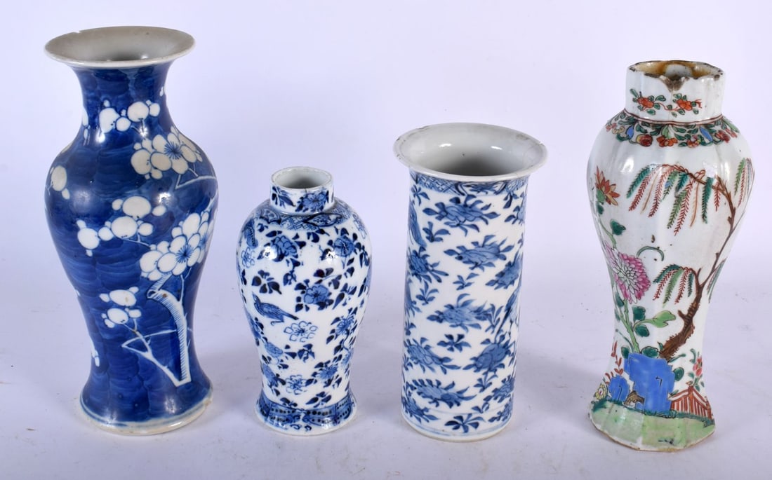 THREE 19TH CENTURY CHINESE BLUE AND WHITE VASES Qing, together with a Qianlong vase. Largest 22 cm h (1 of 3)