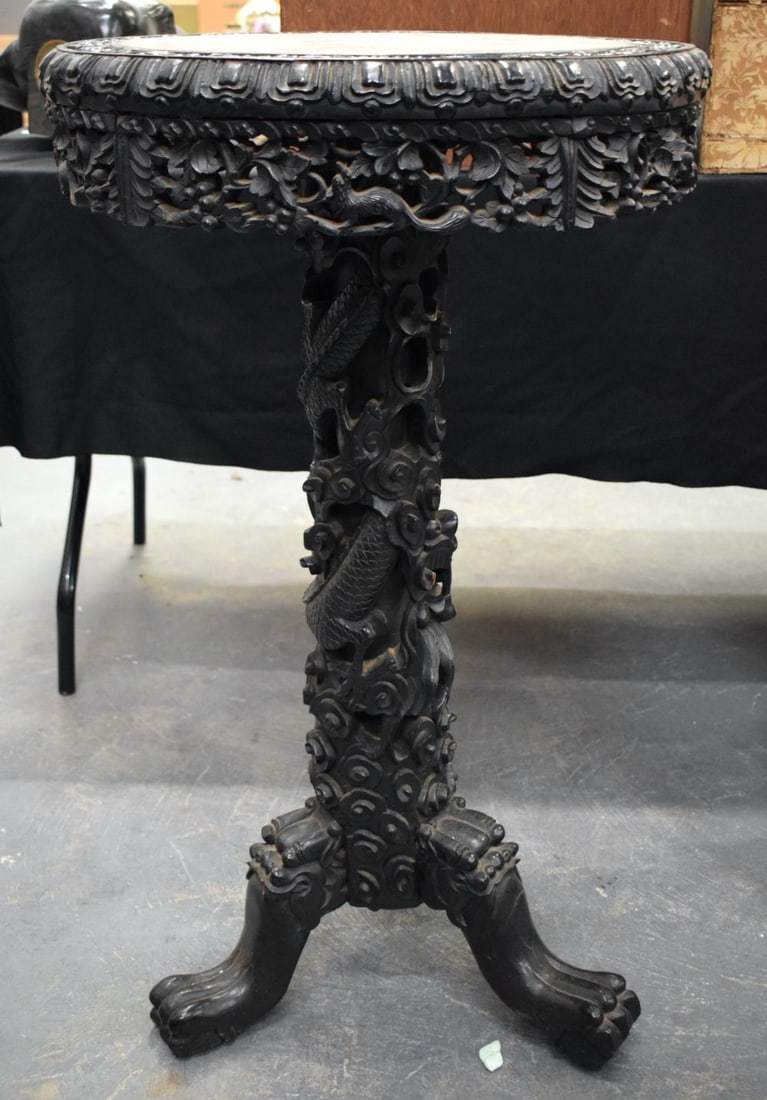A 19TH CENTURY CHINESE CARVED HARDWOOD DRAGON TABLE with inset marble top. 92 cm x 52 cm. (1 of 7)