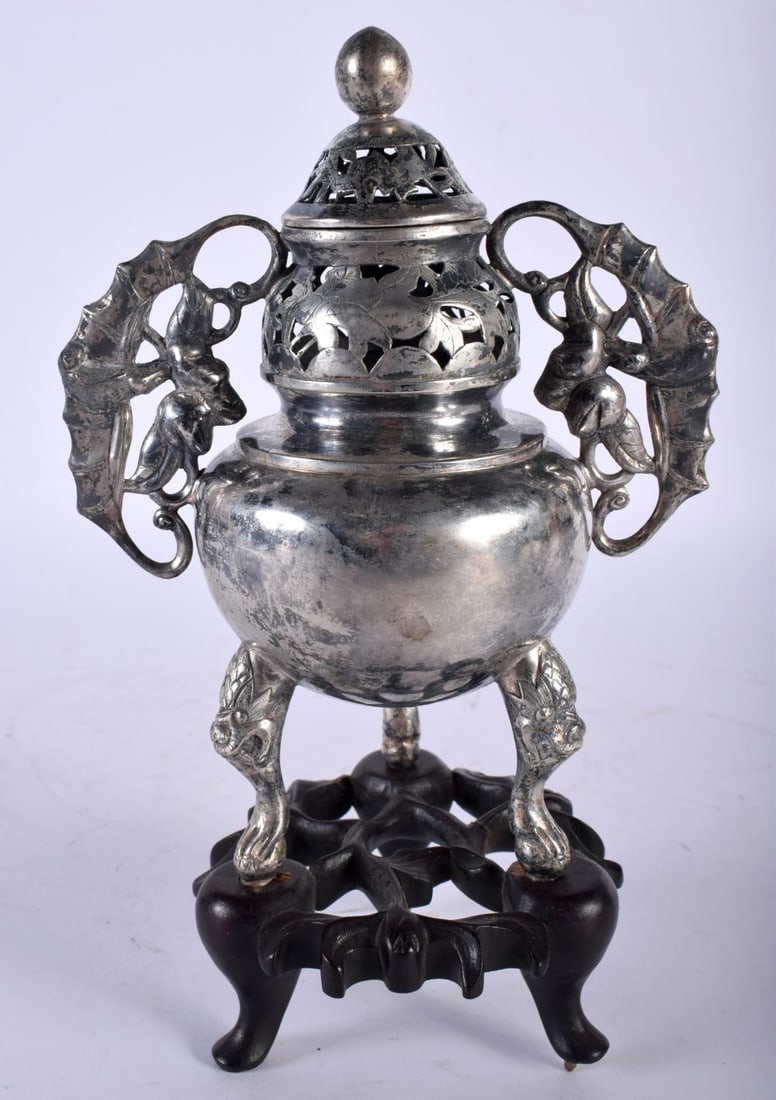 A 19TH CENTURY CHINESE TWIN HANDLED SILVER CENSER AND COVER Qing. Censer 192 grams. 18 cm x 12 cm. (1 of 6)