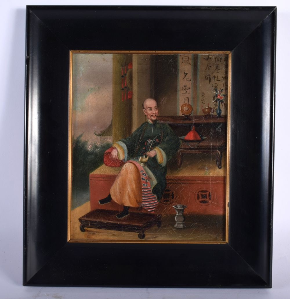 Chinese School (19th Century) Oil on canvas, Male smoking within an interior, Manner of Lamqua. 30 c: Chinese School (19th Century) Oil on canvas, Male smoking within an interior, Manner of Lamqua. 30 cm x 27 cm.