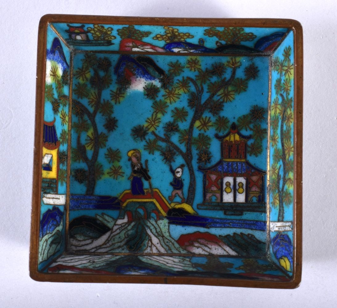 A 19TH CENTURY CHINESE CLOISONNE ENAMEL SQUARE FORM DISH Qing. 7 cm square. (1 of 3)