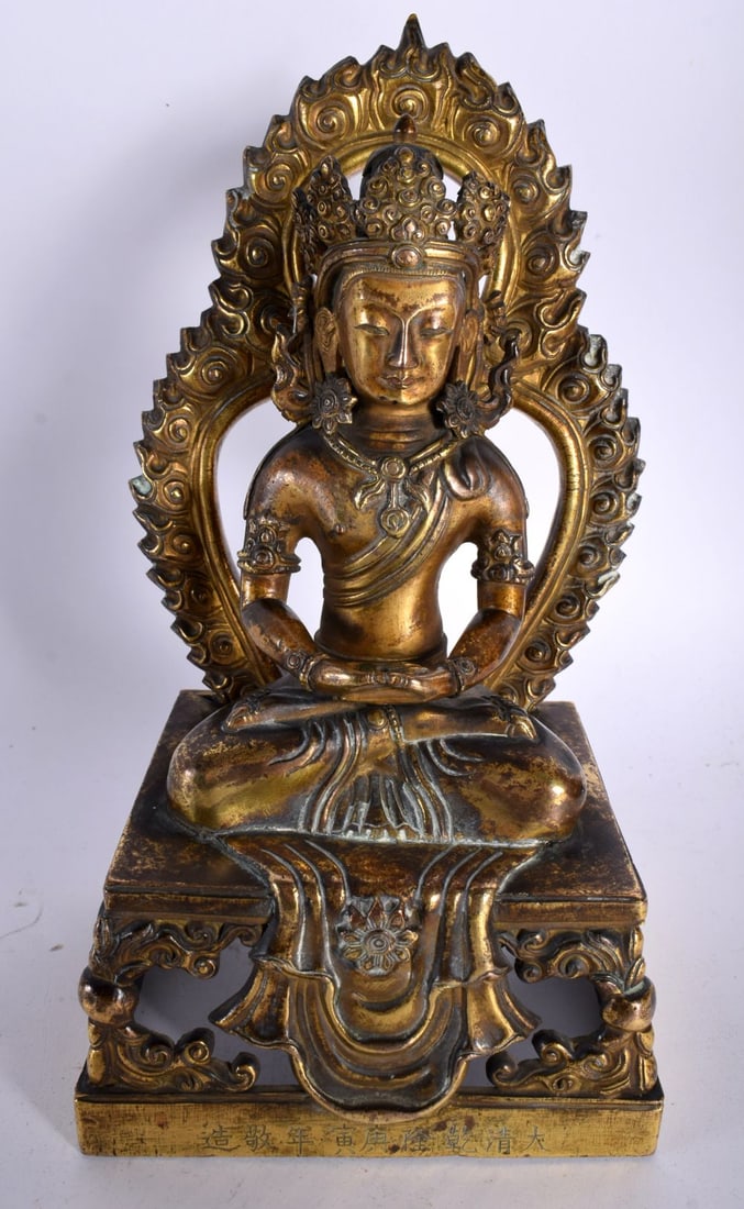 A FINE 18TH CENTURY CHINESE BRONZE FIGURE OF AMITAYUS Qianlong mark and period. 935 grams. 21 cm x 8 (1 of 5)