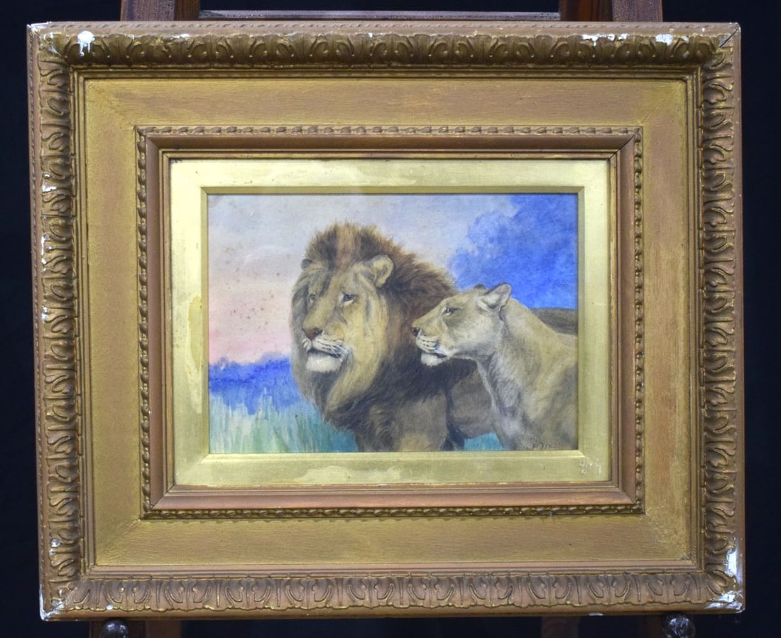 Harry Dixon 1861-1842 British Framed Pastel of Lions 21 x 31 cm.: Harry Dixon 1861-1842 British Framed Pastel of Lions 21 x 31 cm.