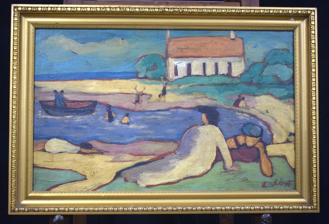 A 20th Century framed Oil on Canvas of people relaxing by a waterside signed indistinctly 37 x 60 (1 of 5)
