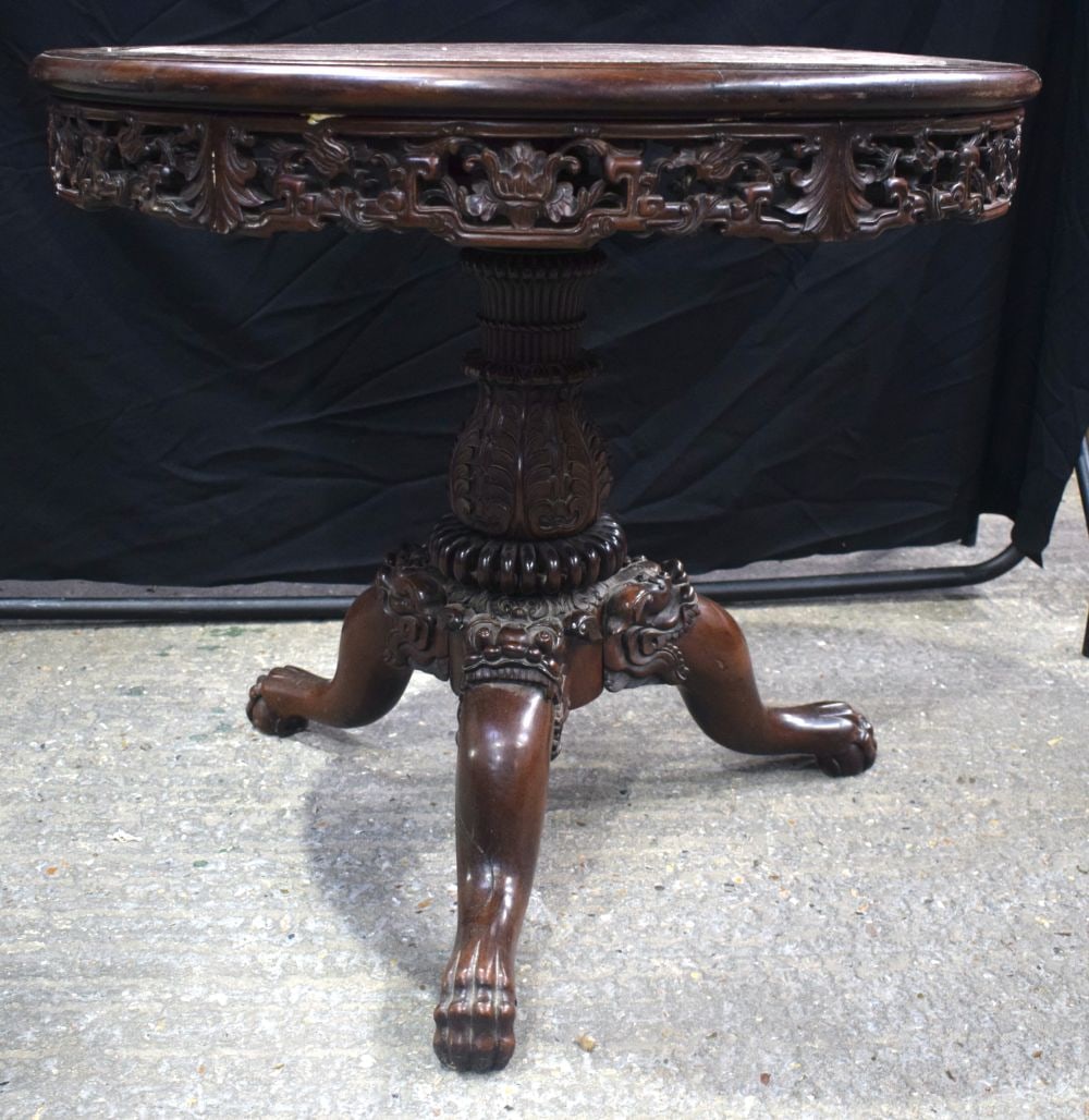 A 19th Century Chinese carved  hardwood marble insert table with ball and claw foot feet 82 x 91 cm (1 of 4)