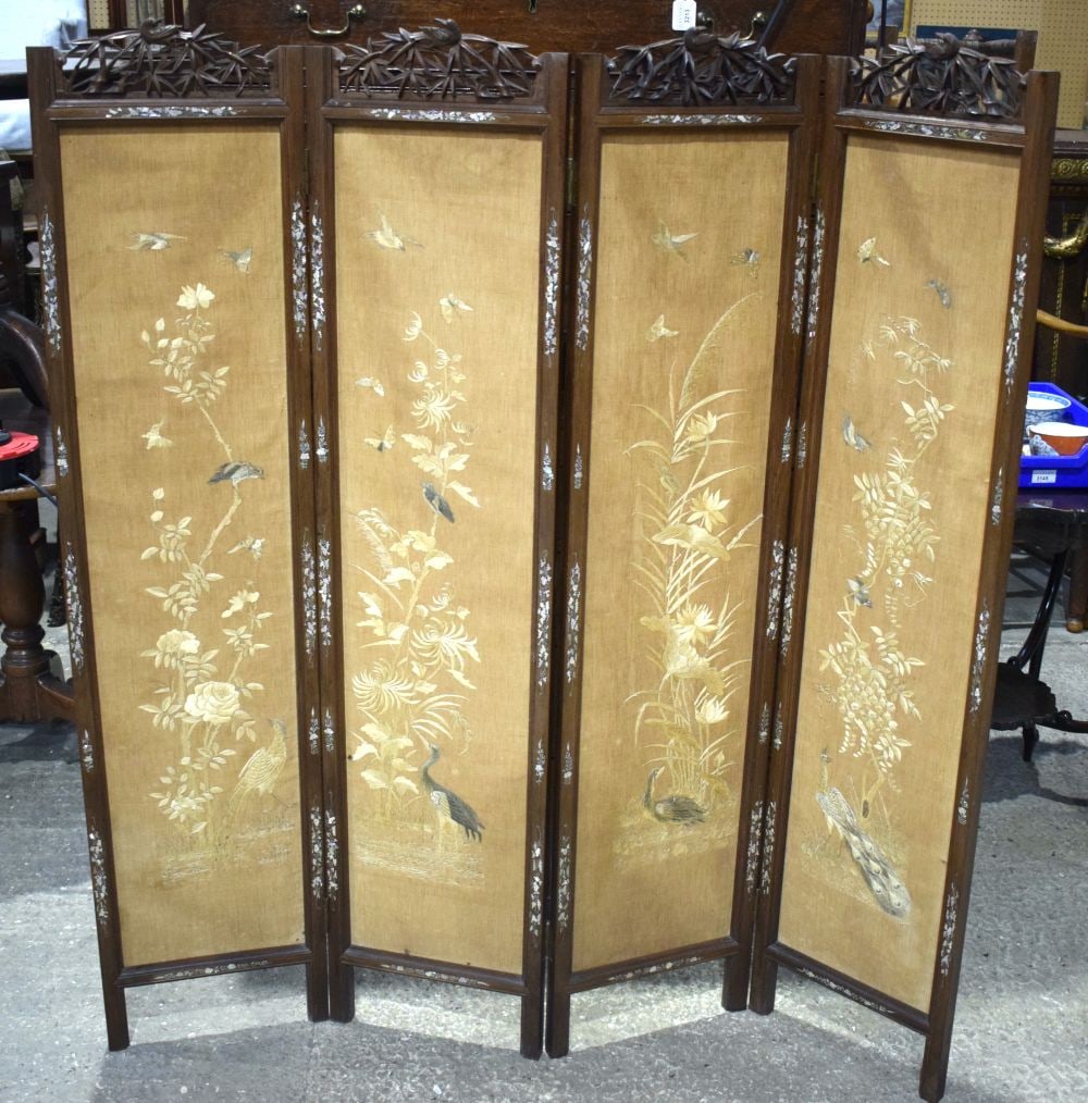A 19TH CENTURY CHINESE SILK EMBROIDERED HARDWOOD SCREEN with mother of pearl inlay. 142 cm x 120 cm. (1 of 6)