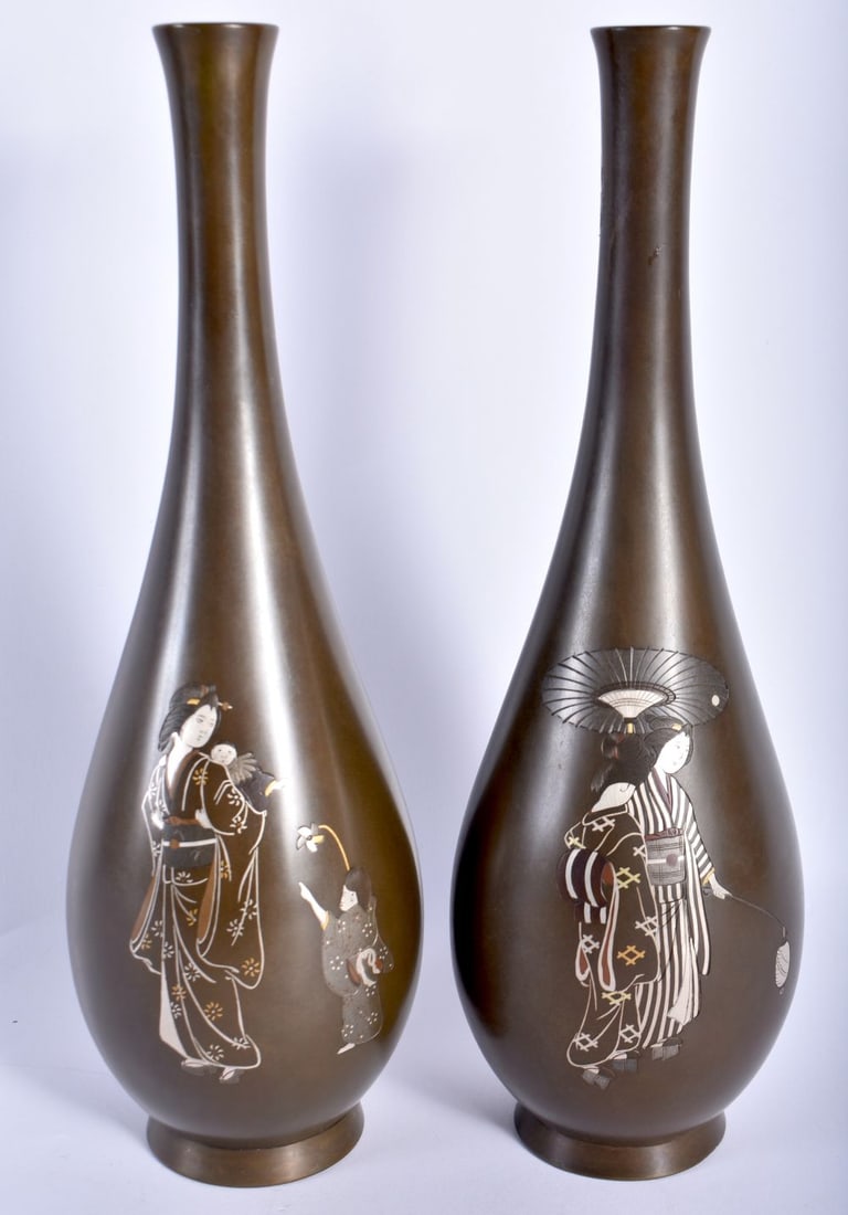 A GOOD PAIR OF 19TH CENTURY JAPANESE MEIJI PERIOD SILVER INLAID NAGOYA BRONZE VASES depicting geisha (1 of 9)