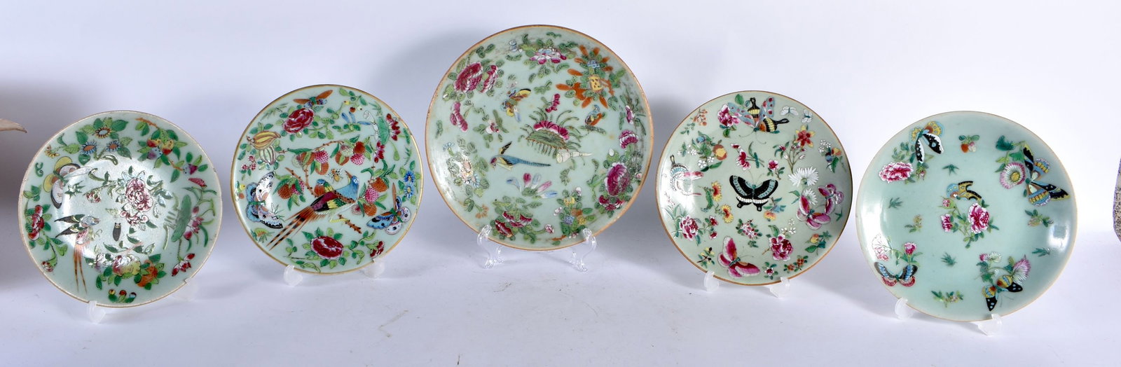 FIVE 19TH CENTURY CHINESE CANTON FMAILLE ROSE CELADON DISHES Qing. Largest 22 cm diameter. (5) (1 of 6)