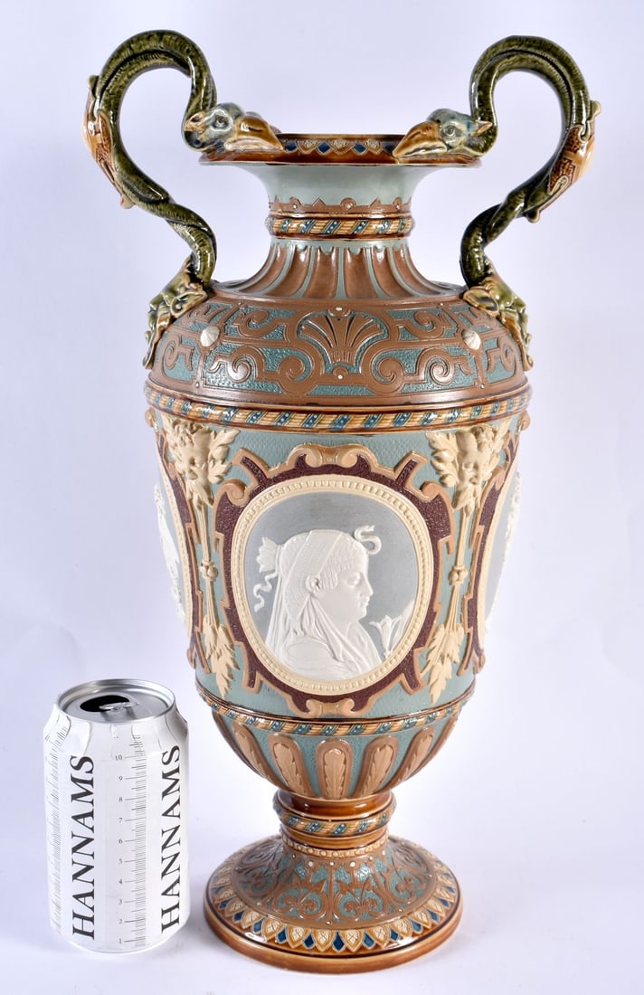 A RARE LARGE 19TH CENTURY EGYPTIAN REVIVAL METTLACH STONEWARE VASE with grotesque mask head handles. (1 of 6)